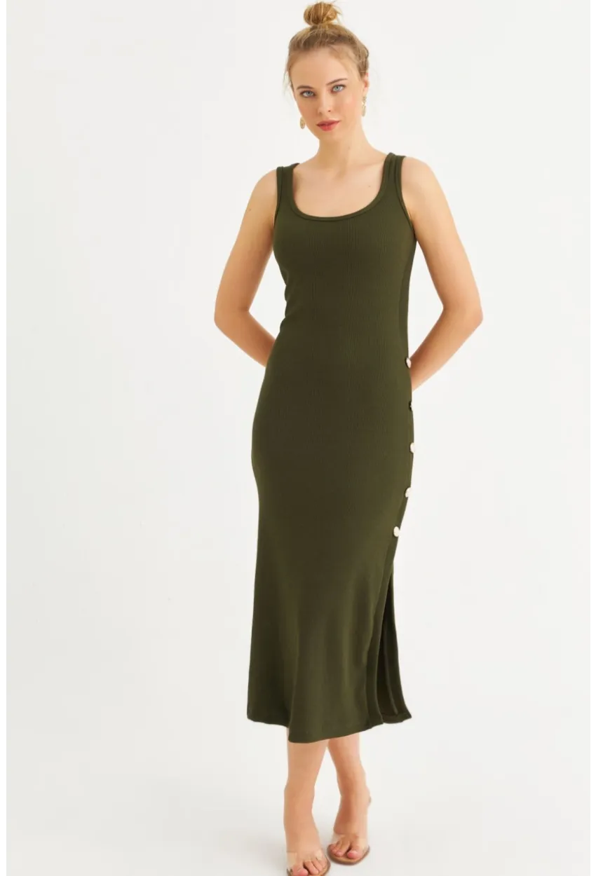 Kadın Haki Düğme Detaylı Kaşkorse Midi Elbise EY2837