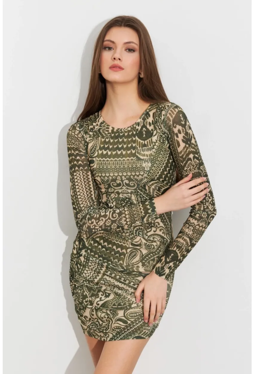 Kadın Haki Etnik Desenli Mini Elbise ROP110