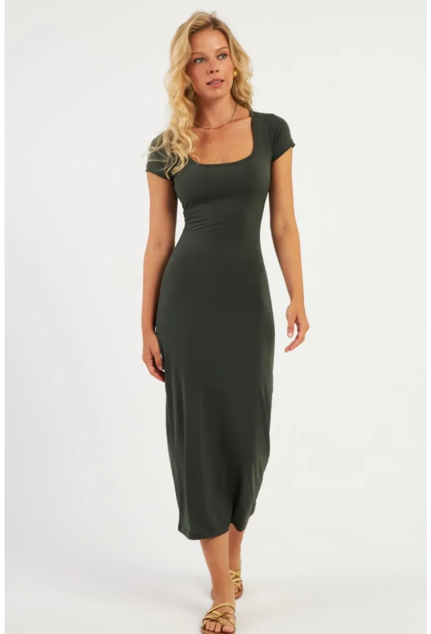 Kadın Haki Kare Yaka Midi Elbise DMR2431