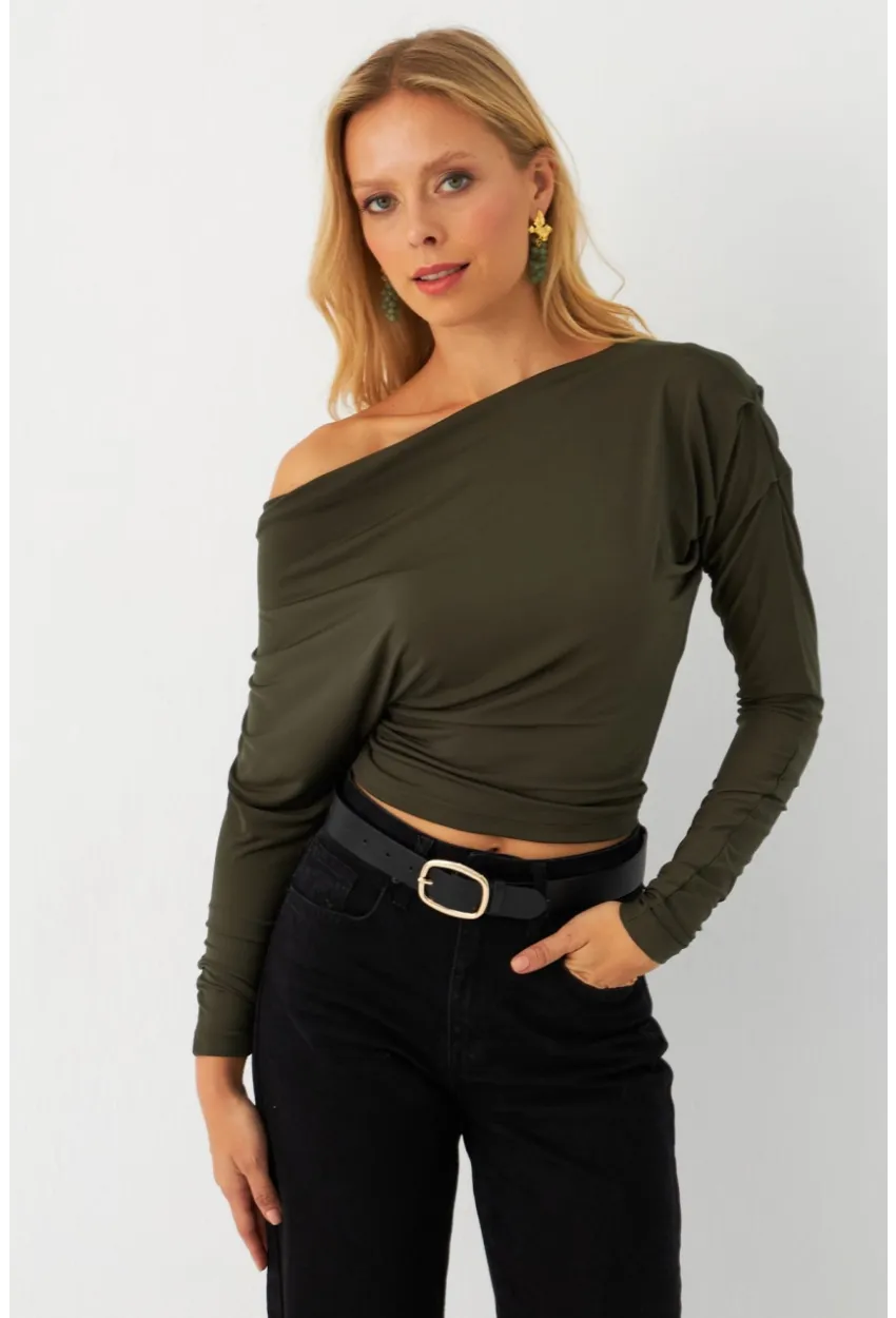 Kadın Haki Kayık Yaka Bluz DMR382-1