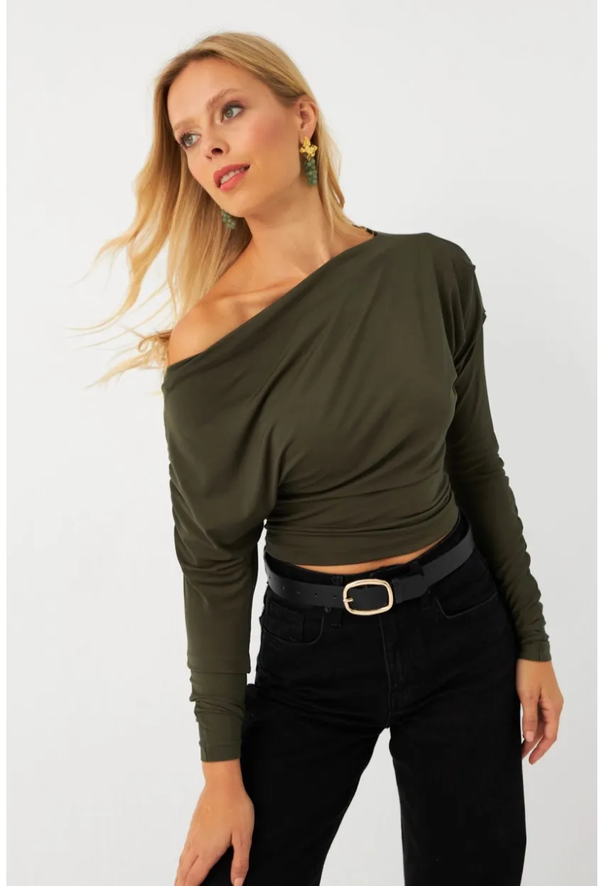Kadın Haki Kayık Yaka Bluz DMR382-1