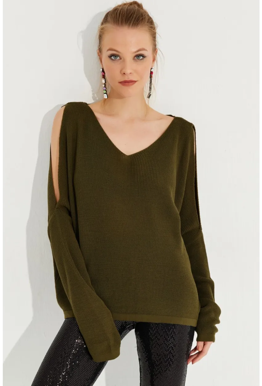 Kadın Haki Kolu Yırtmaçlı Triko Bluz SMT221