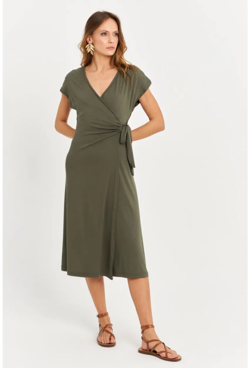 Kadın Haki Kruvaze Midi Elbise EY3044