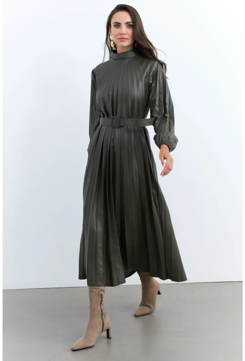 Kadın Haki Pileli Kemerli Maxi Elbise MALZ99