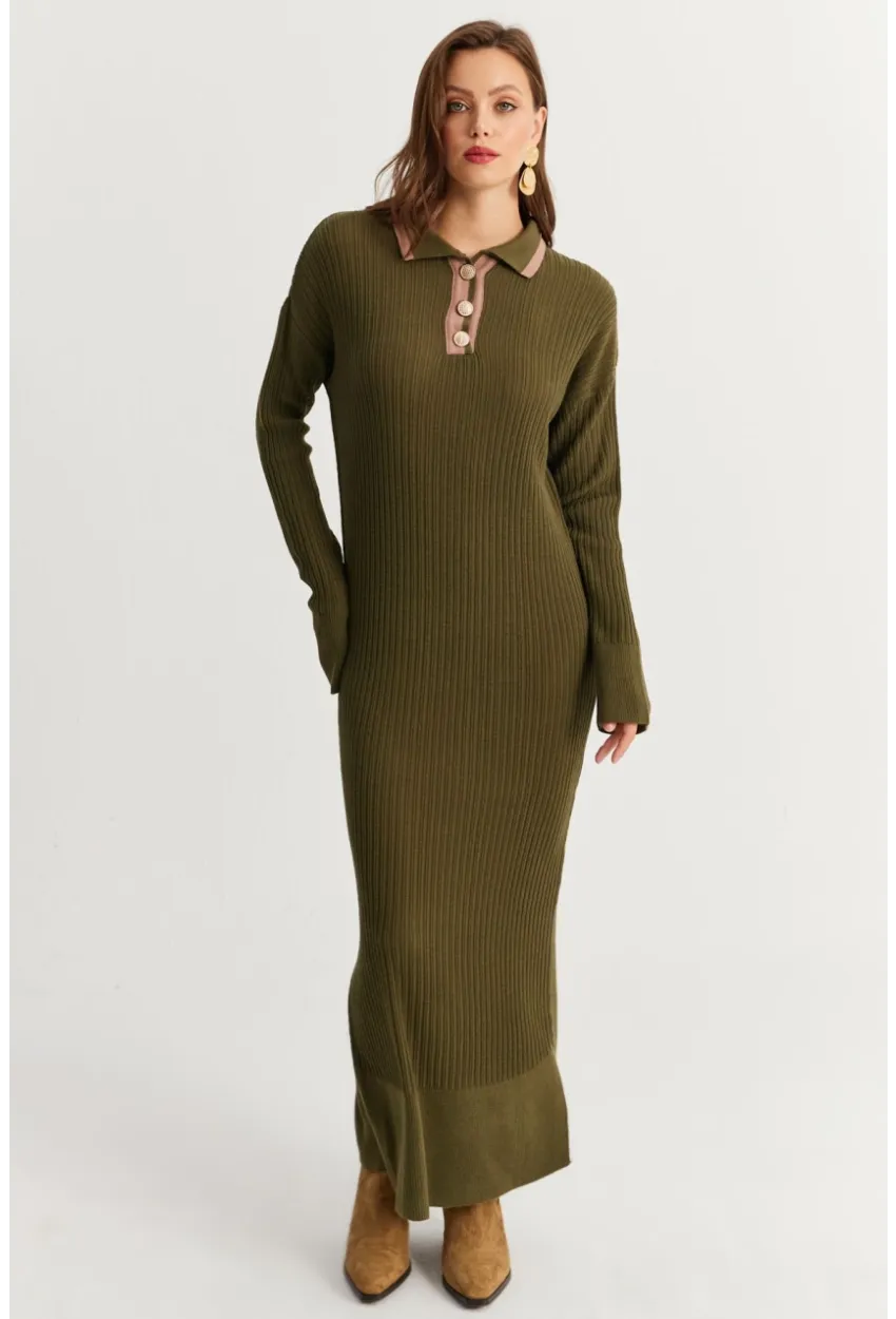 Kadın Haki Polo Yaka Triko Maxi Elbise MNUV17