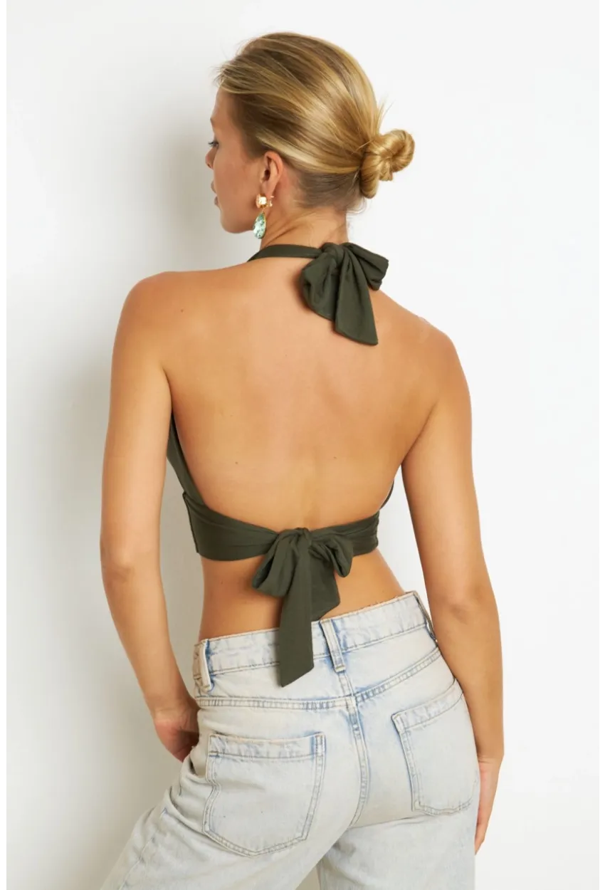 Kadın Haki Sırt Ve Boyun Bağlamalı Bluz EY1472