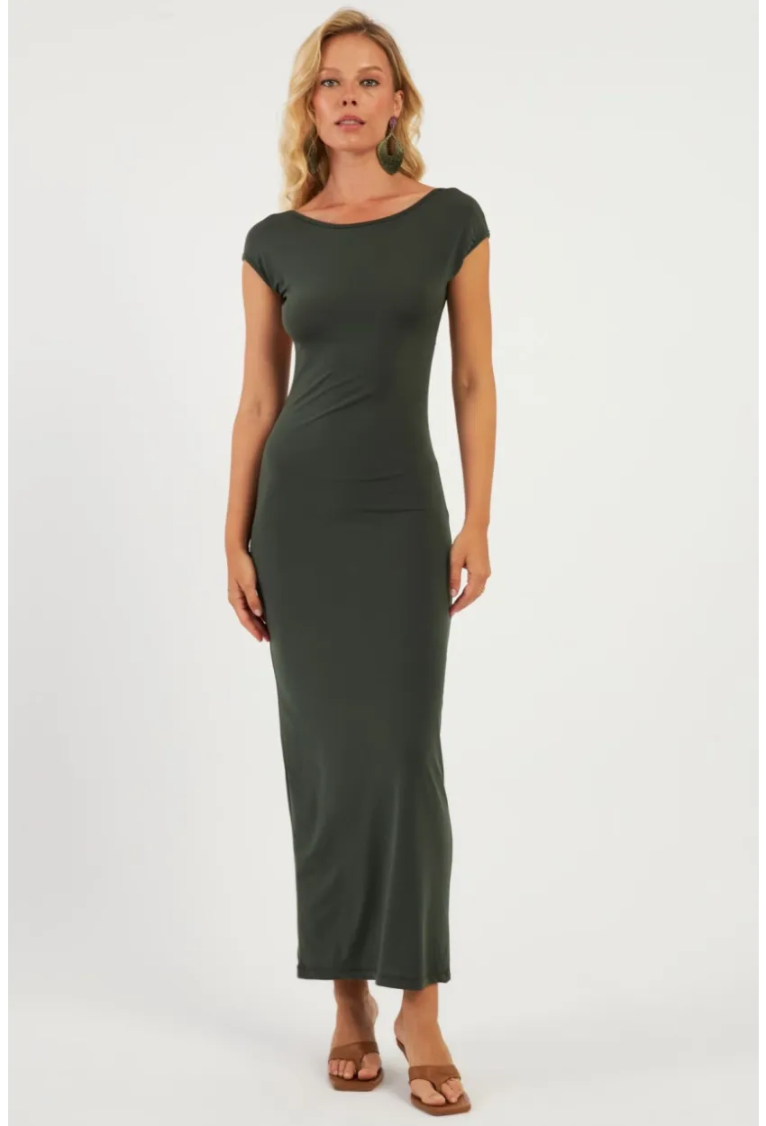 Kadın Haki Sırtı Açık Midi Elbise DMR345