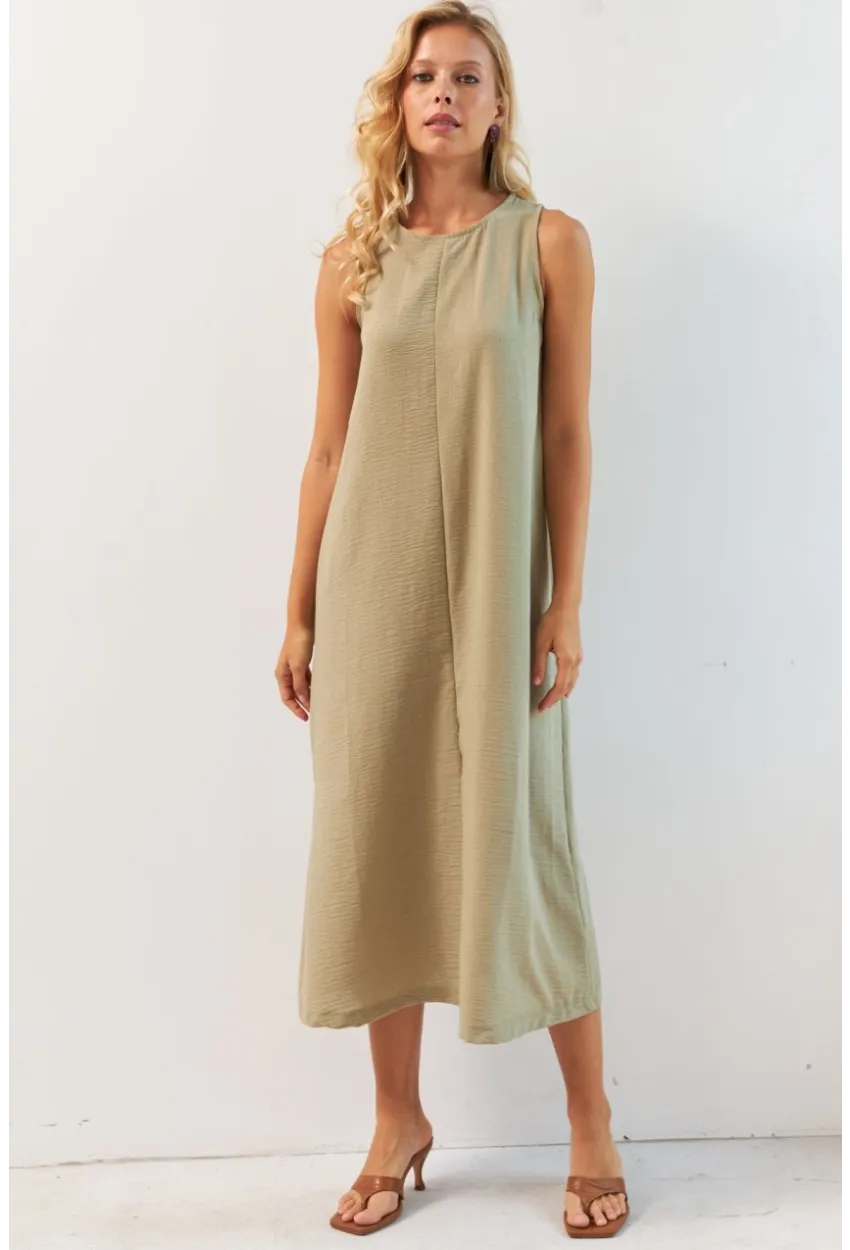 Kadın Haki Sırtı Düğmeli Midi Keten Elbise DMR353