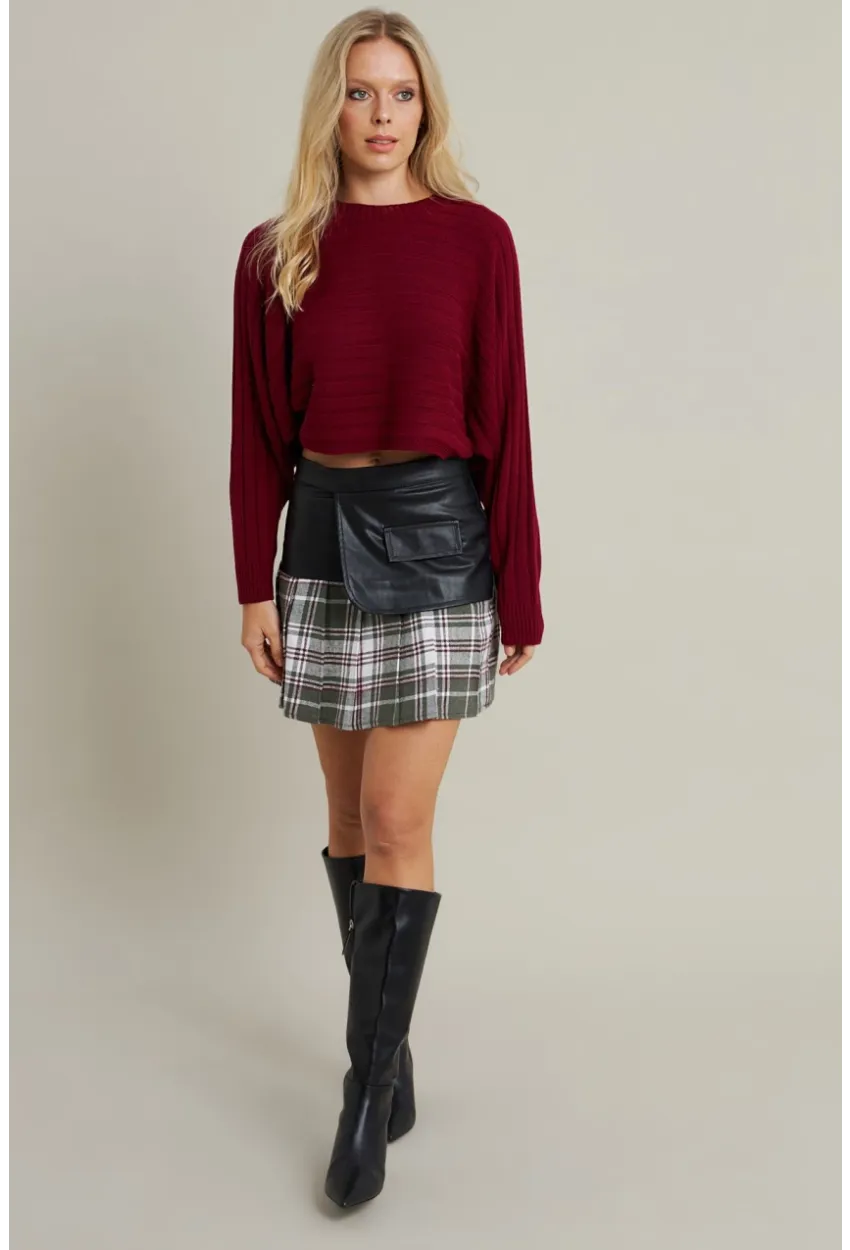 Kadın Haki-Siyah Kazayağı Suni Deri Mini Etek NH93