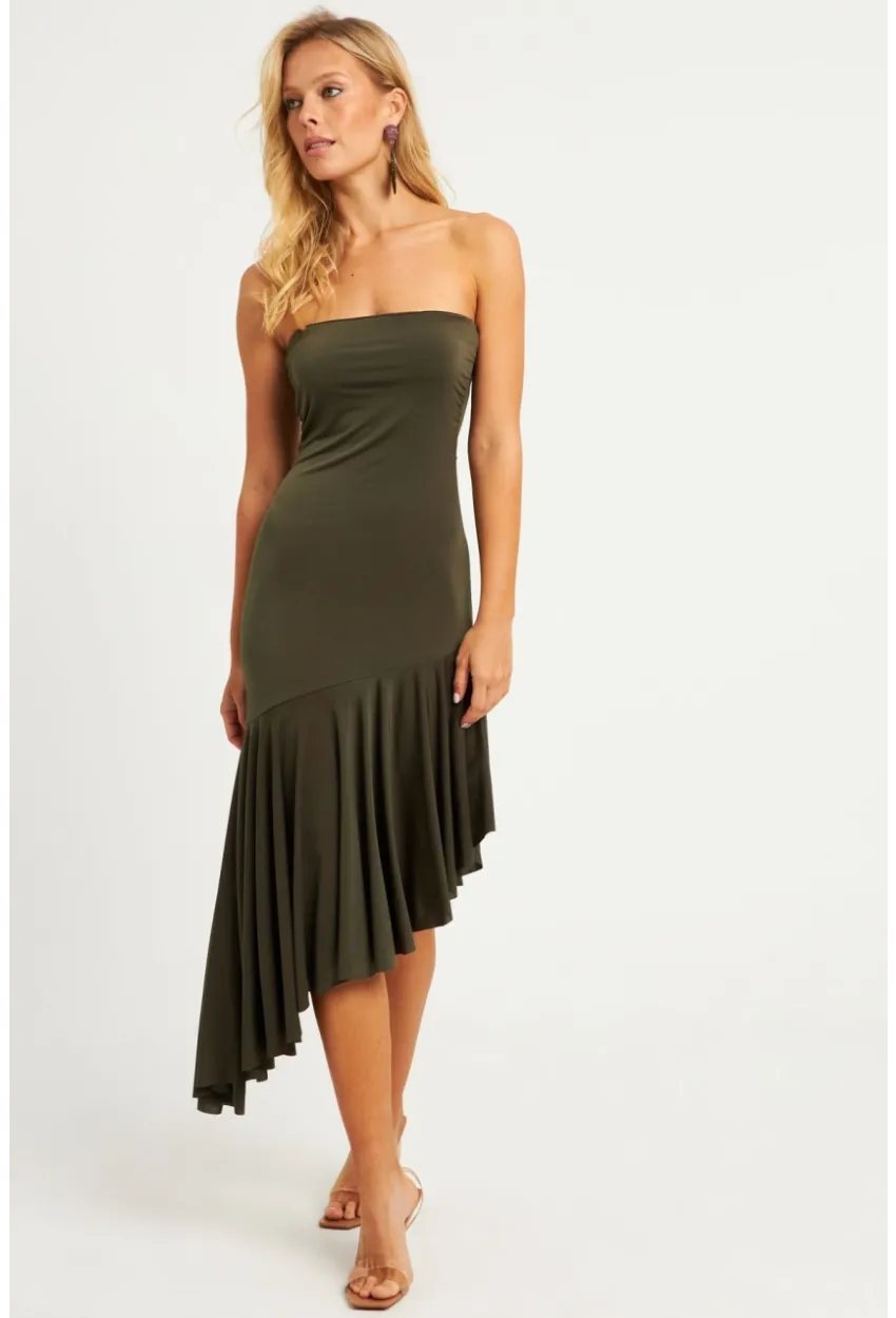 Kadın Haki Straplez Asimetrik Midi Elbise DMR337