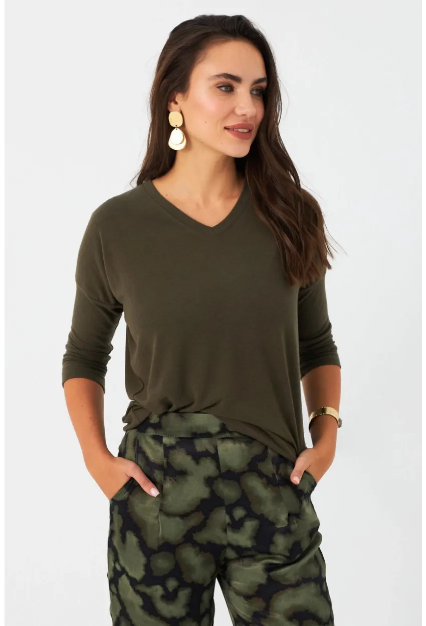 Kadın Haki V Yaka Bluz RX446