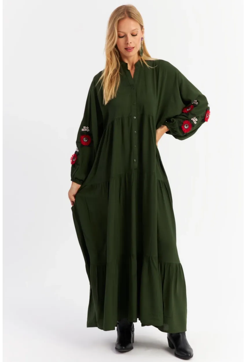 Kadın Haki Volanlı Maxi Elbise MALO9