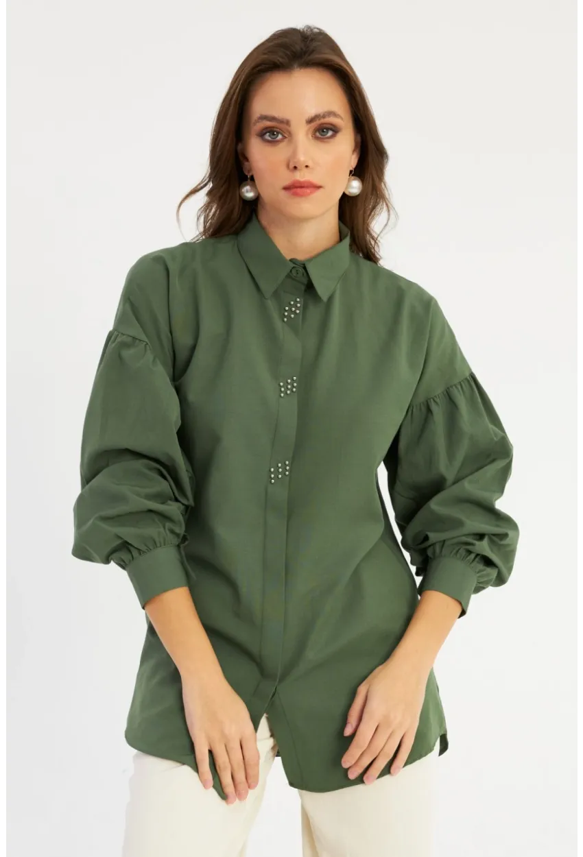 Kadın Haki Zımbalı Gömlek MASF08