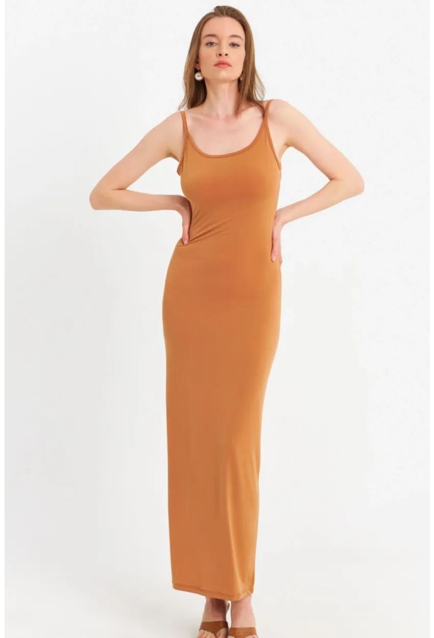 Kadın Hardal Ayarlanabilir Askılı Maxi Elbise MEN2004