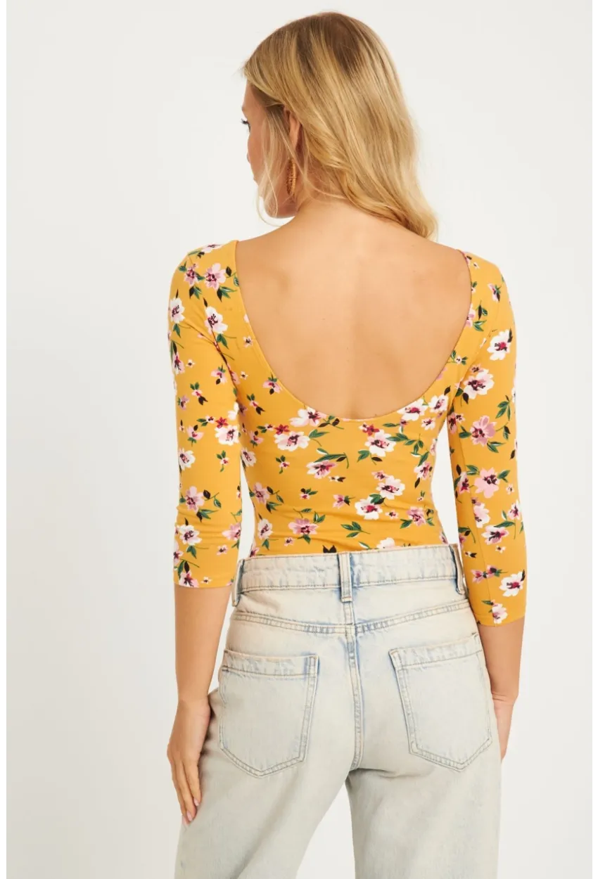 Kadın Hardal Çiçek Desenli Çıtçıtlı Body RK40