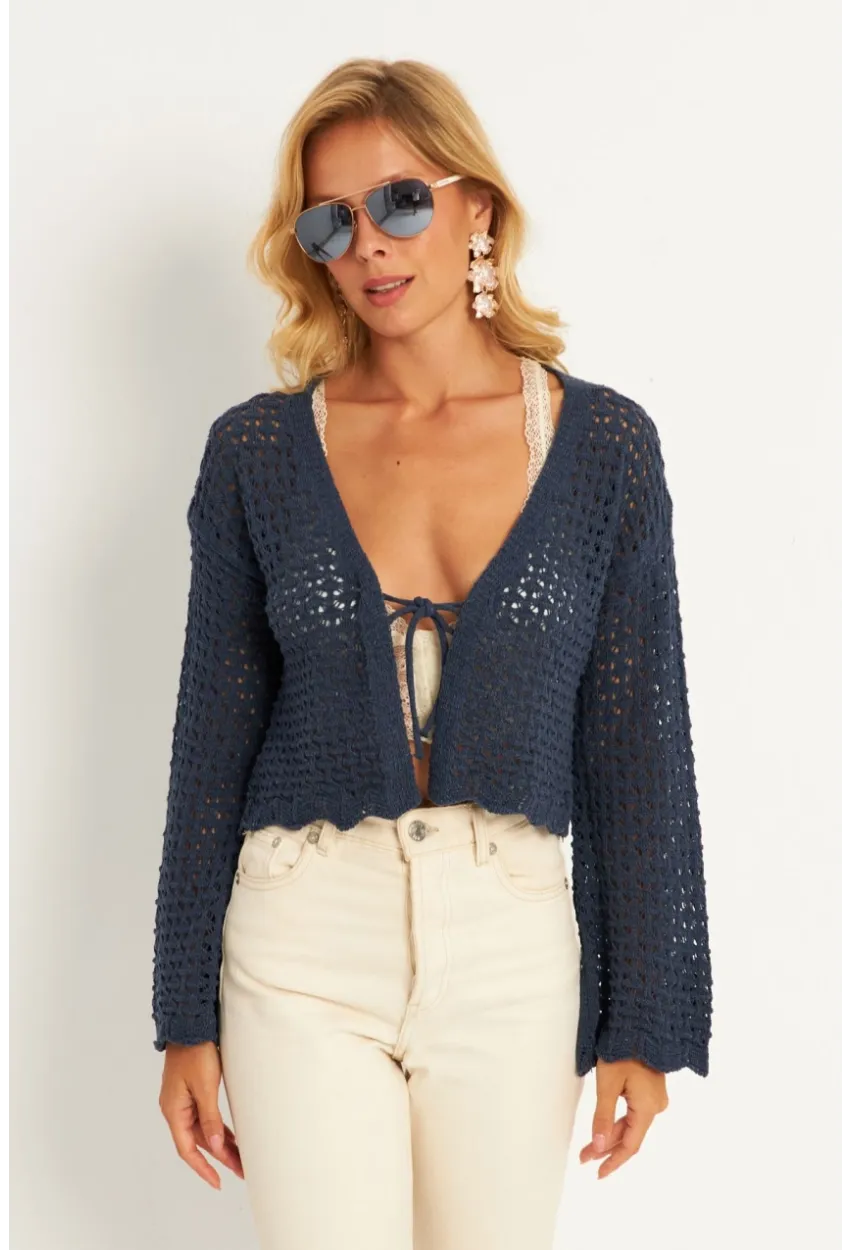 Kadın İndigo Ajurlu Triko Hırka YV248