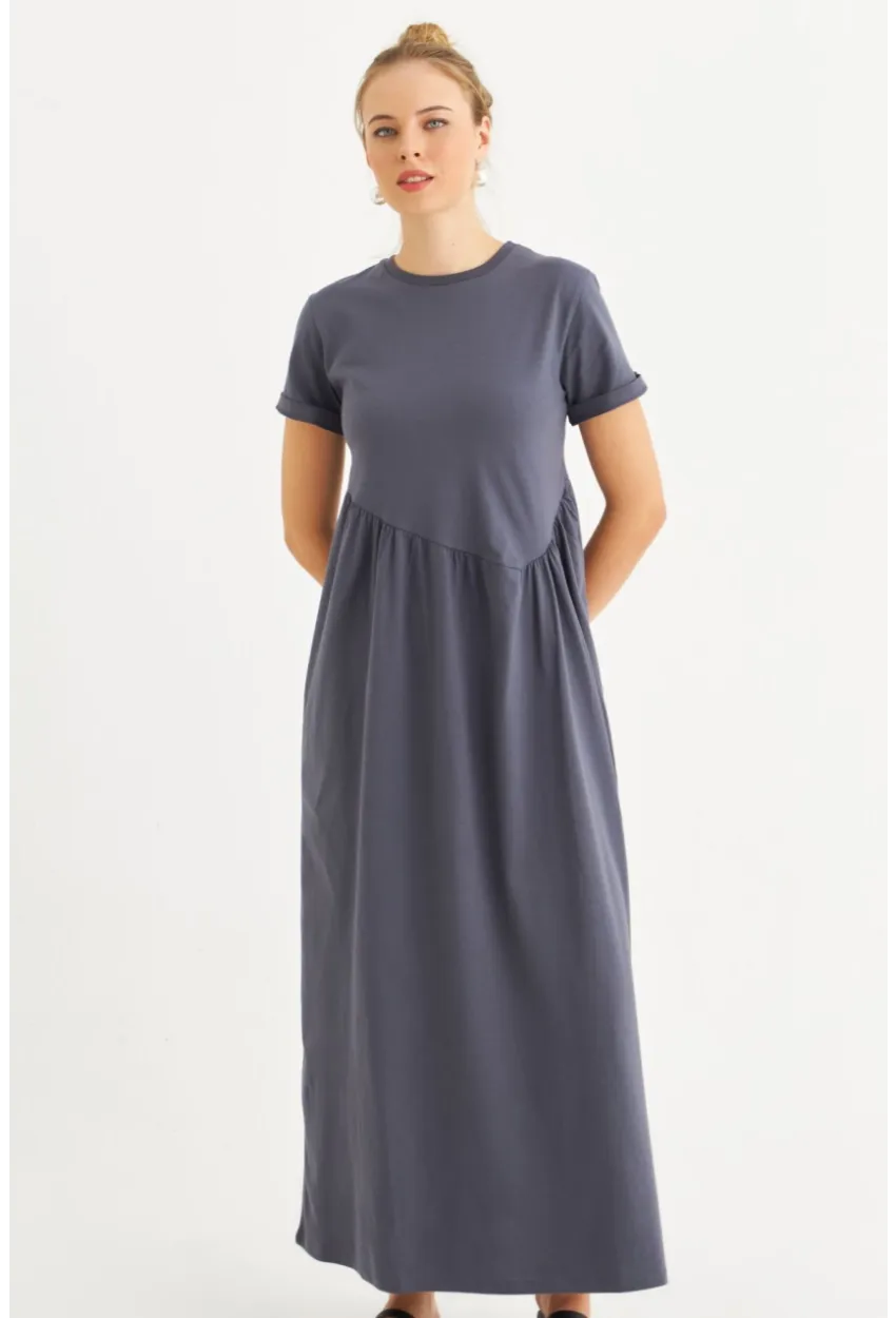 Kadın İndigo Asimetrik Dikişli Maxi Elbise MDMR440