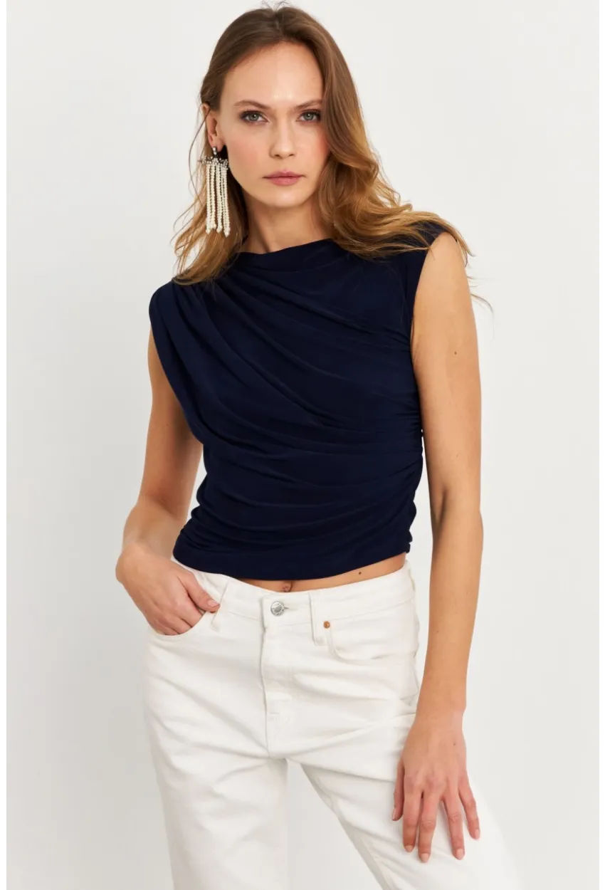 Kadın İndigo Büzgülü Kolsuz Bluz LPP1205-90