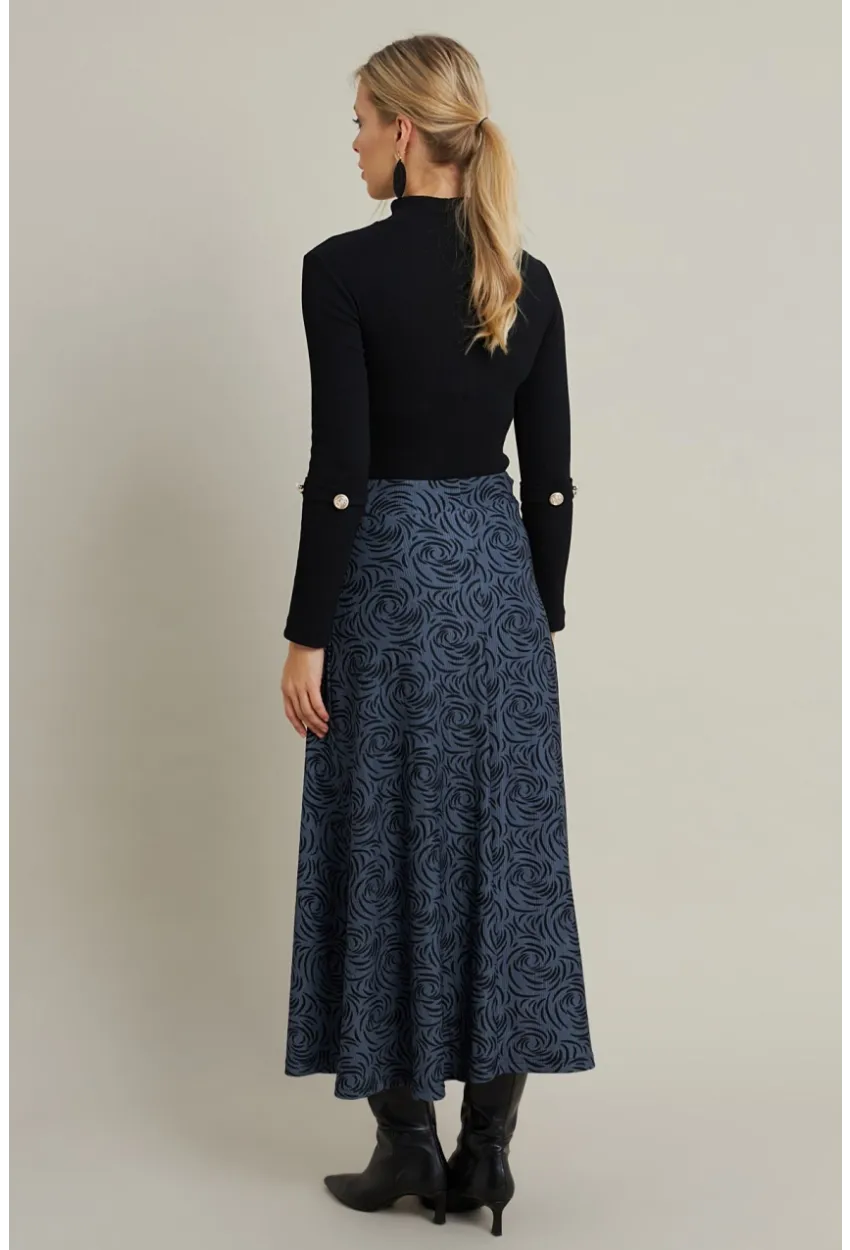 Kadın İndigo Desenli Çan Etek LON3007
