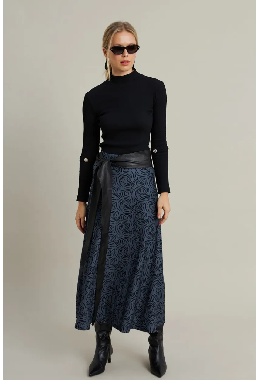 Kadın İndigo Desenli Çan Etek LON3007