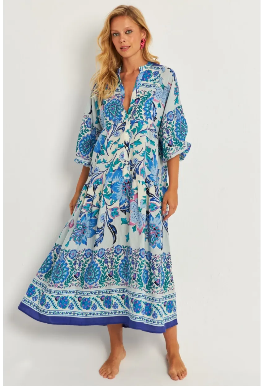 Kadın İndigo Desenli Midi Elbise GÇ169