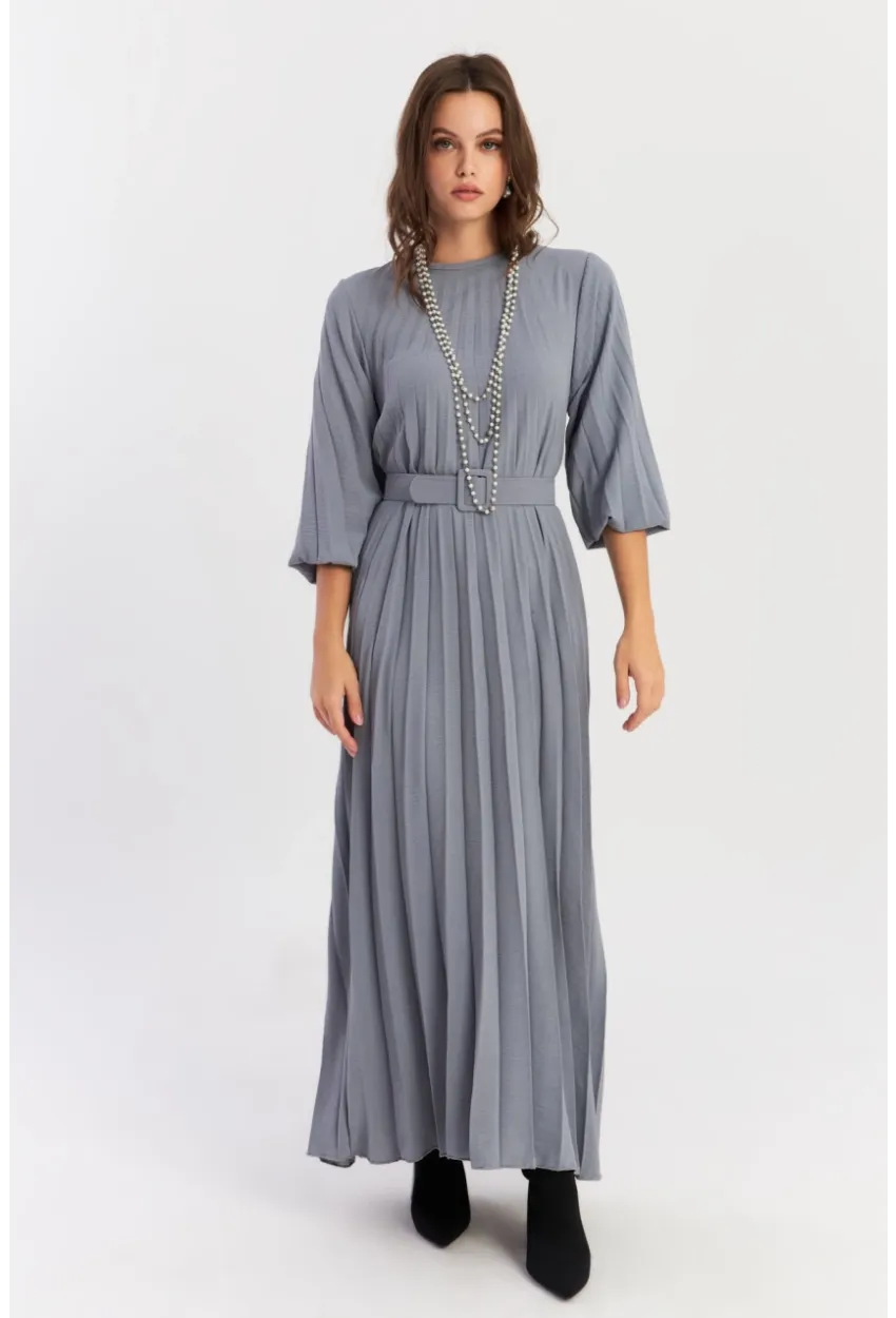 Kadın İndigo Kemerli Plili Maxi Elbise ALZ500