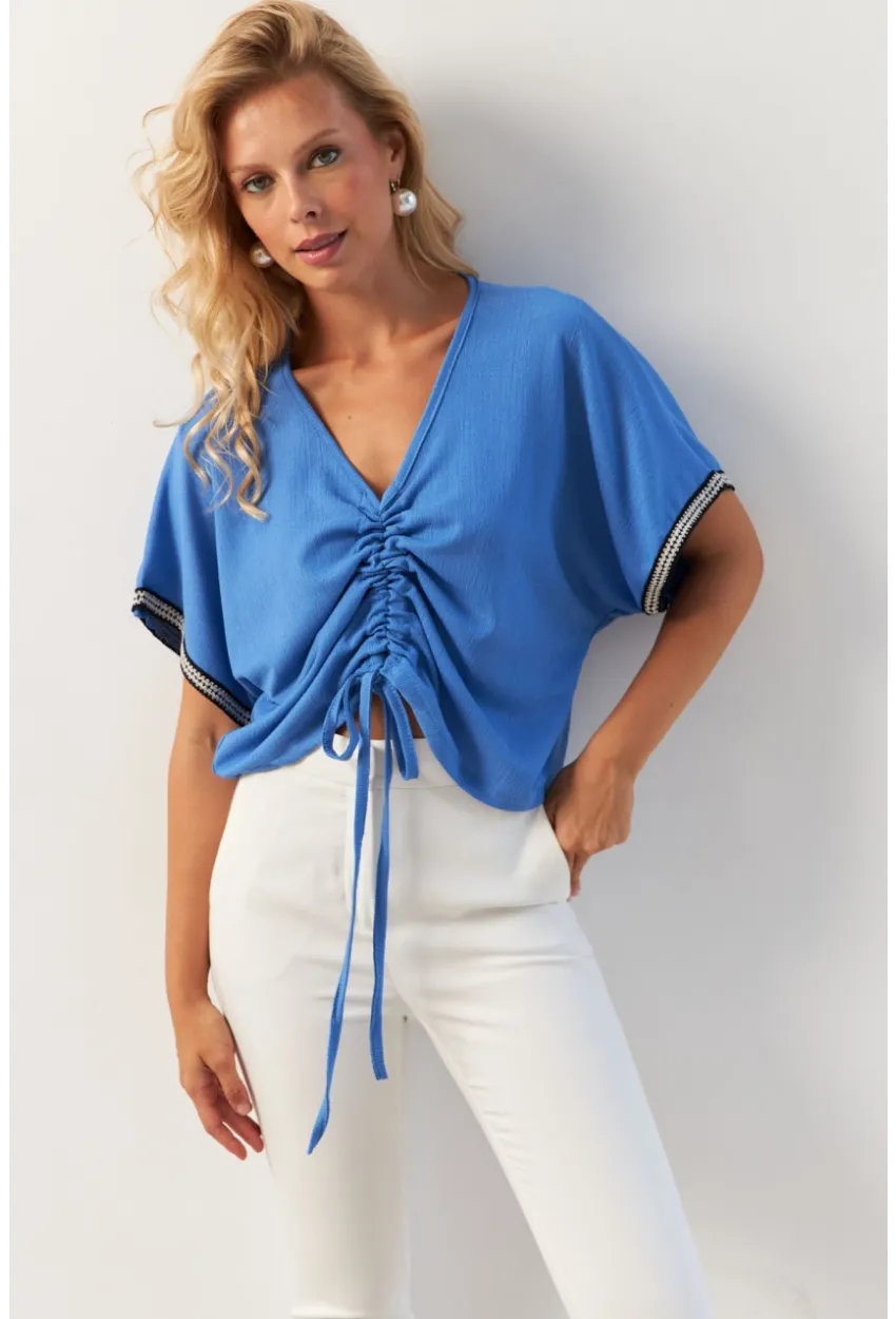 Kadın İndigo Önü Büzgülü Bluz XL2039