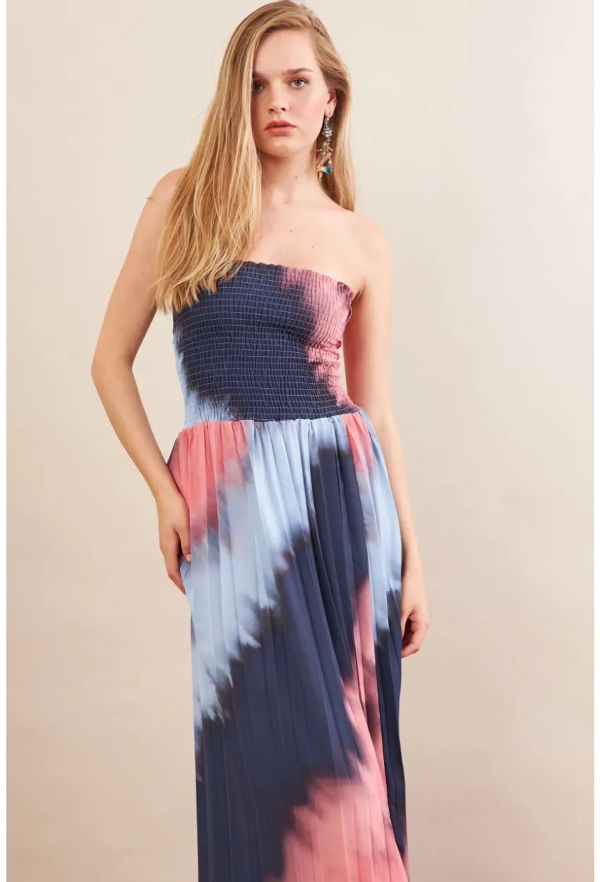 Kadın İndigo-Pudra Straplez Pilise Uzun Elbise MSİ100