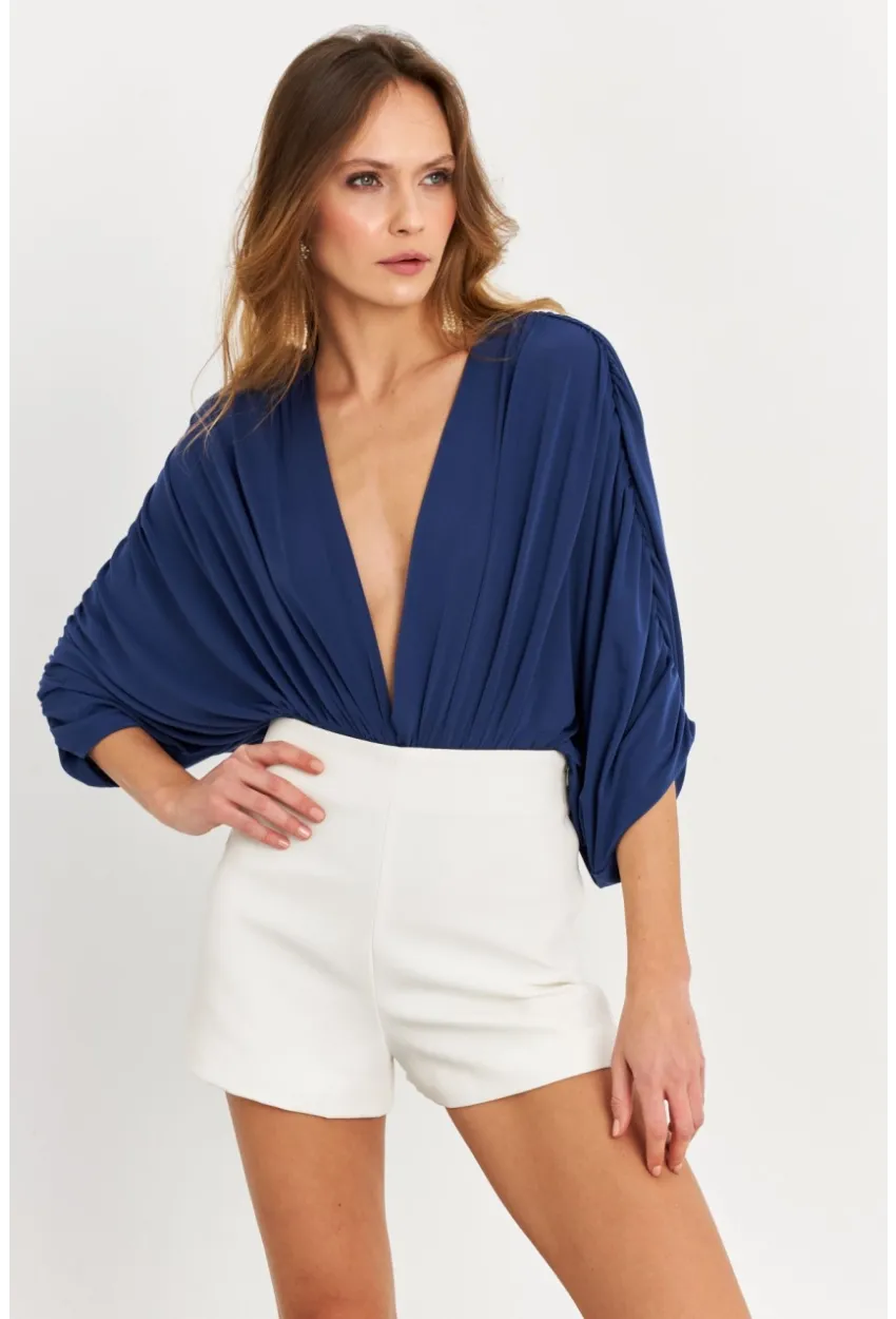 Kadın İndigo Sırt Dekolteli Volanlı V Yaka Body BAR802