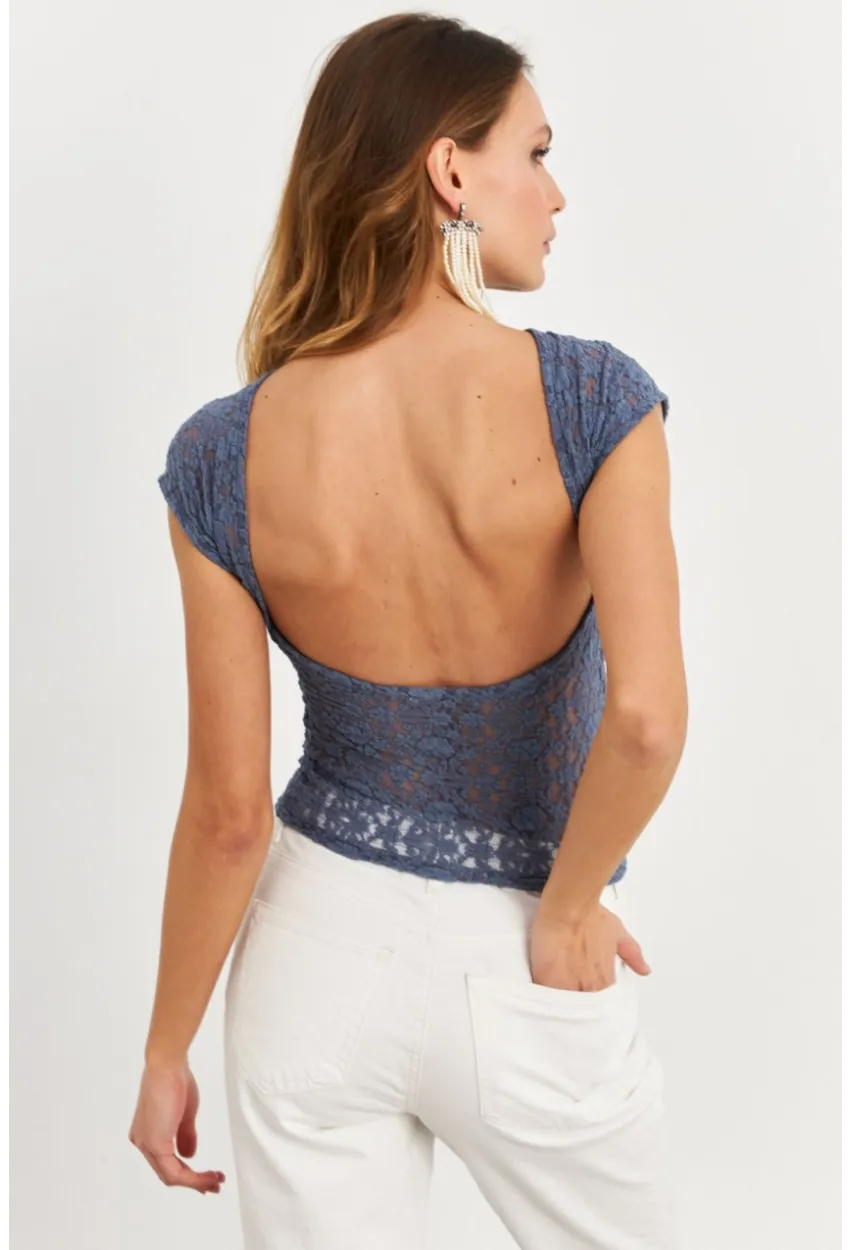 Kadın İndigo Sırtı Açık Dantel Bluz ZH04