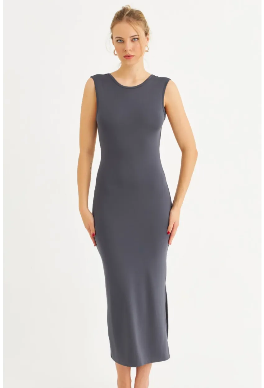 Kadın İndigo Sırtı Açık Midi Elbise YEL221672