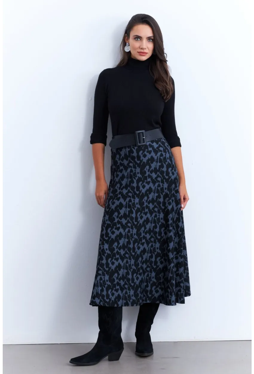 Kadın İndigo-Siyah Desenli Çan Etek MLON3007