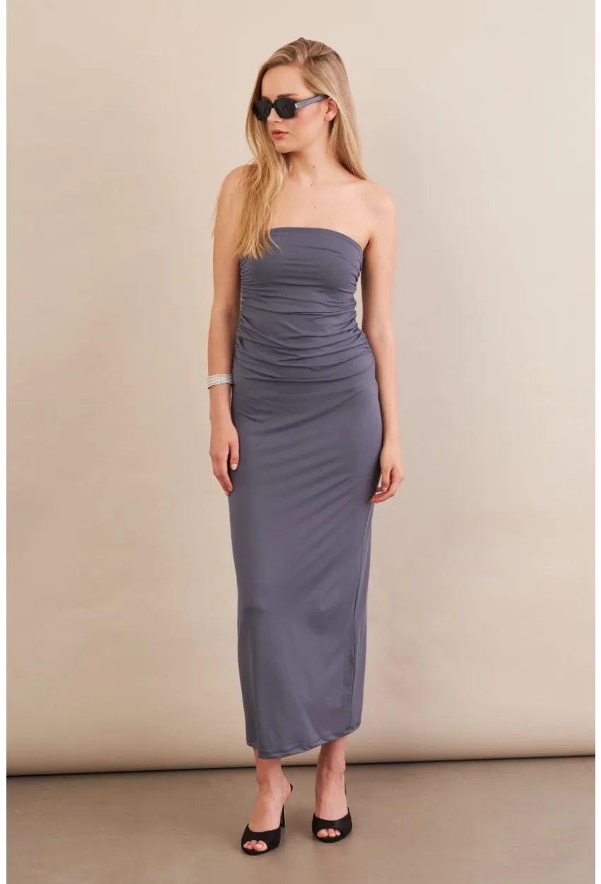 Kadın İndigo Straplez Büzgülü Midi Elbise MX2005
