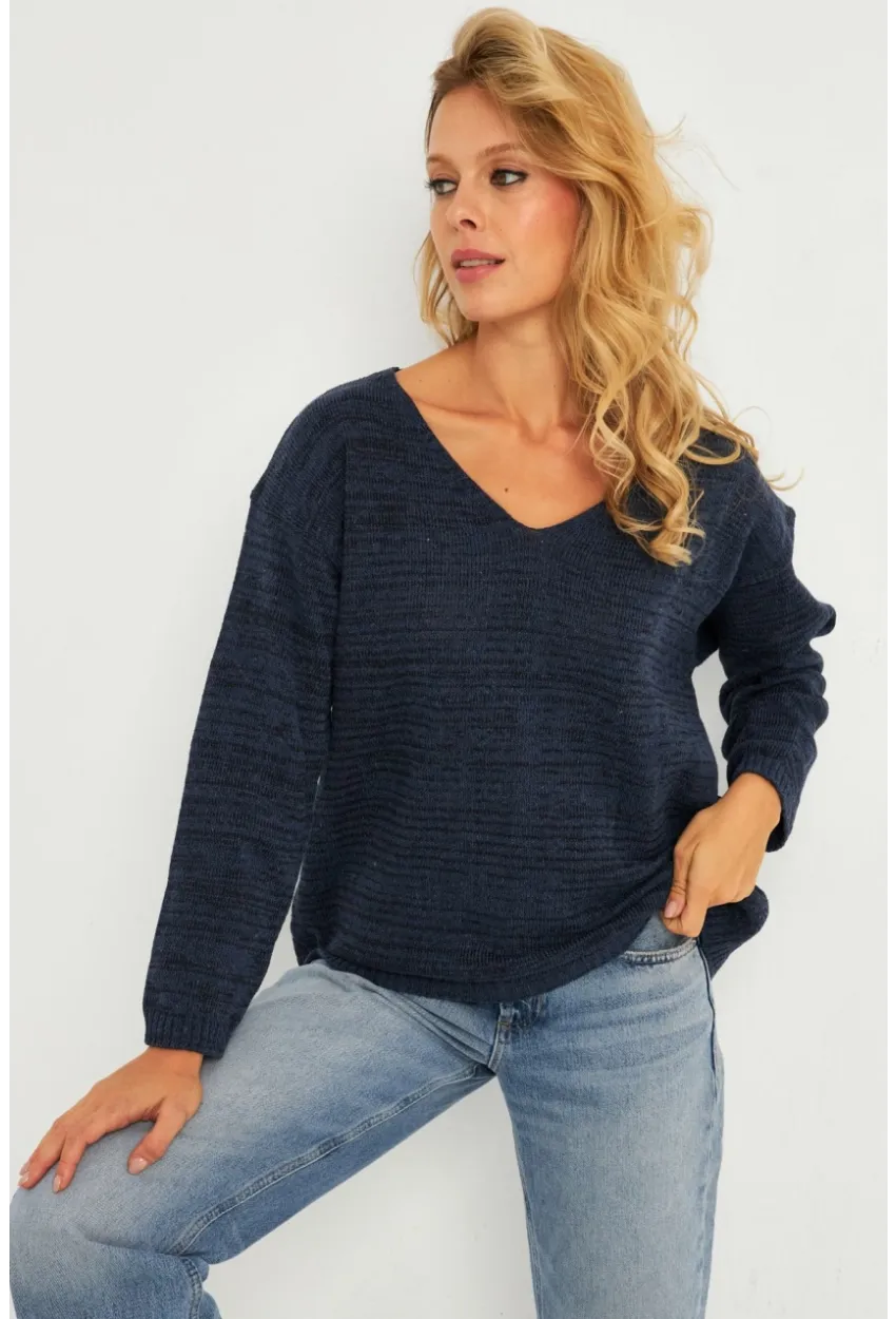 Kadın İndigo V Yaka Triko Bluz YV282