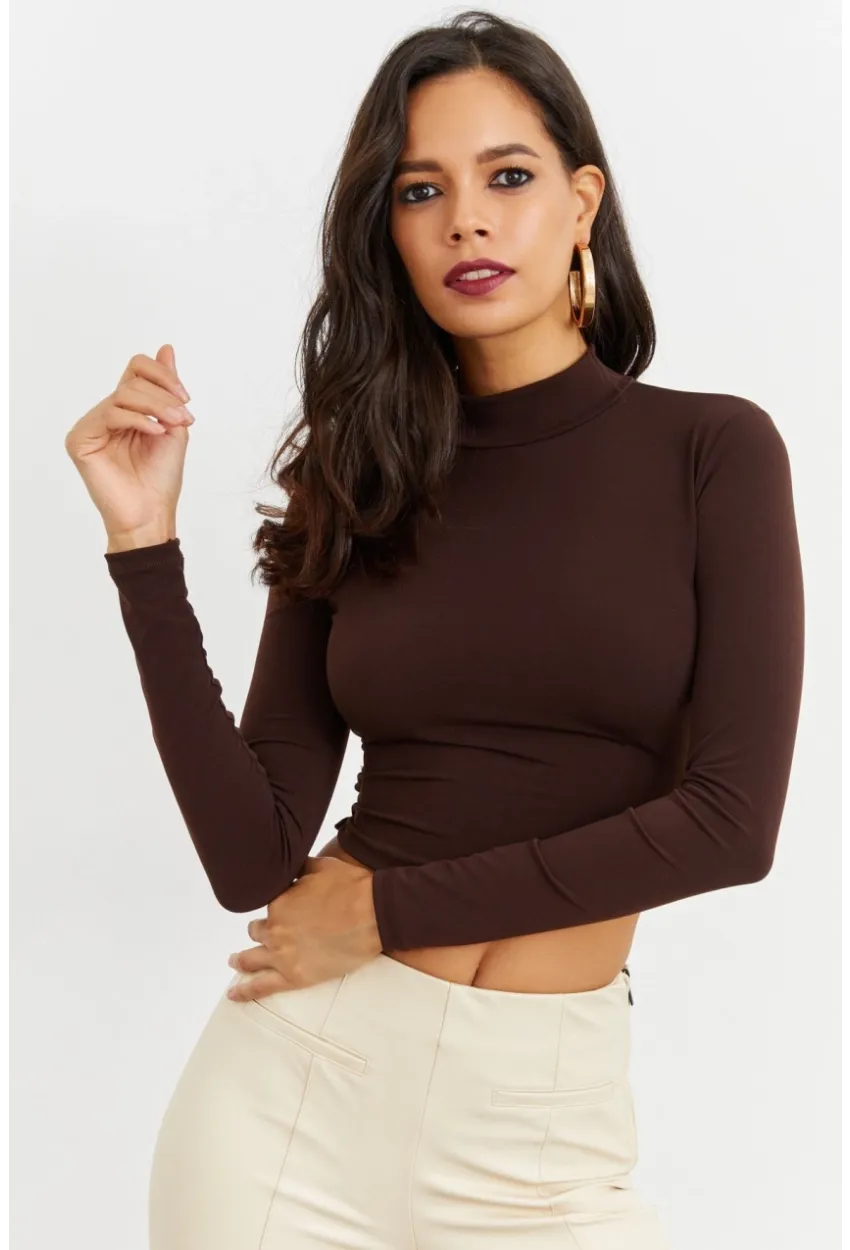 Kadın Kahve Beli Açık Crop Bluz GÇ115