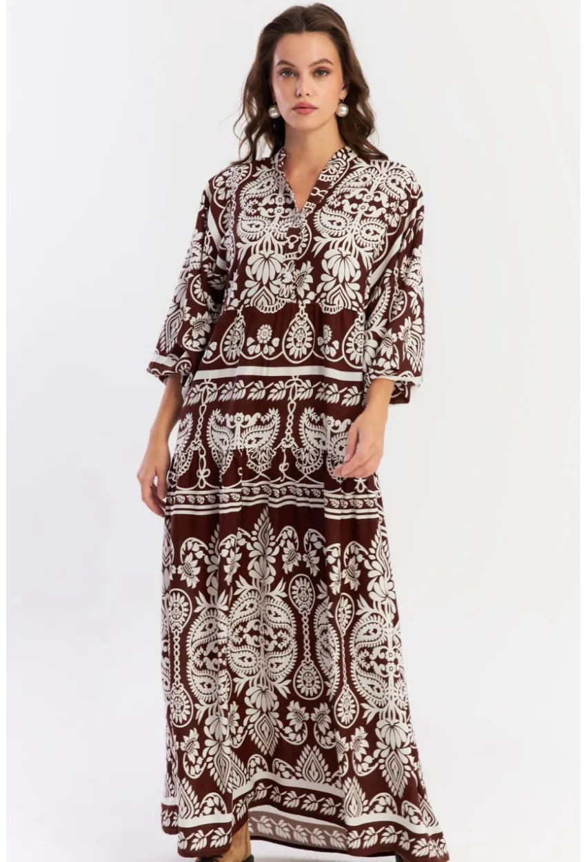 Kadın Kahve-Beyaz Etnik Desenli Maxi Dokuma Elbise ALO325