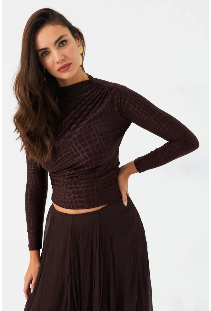 Kadın Kahve Desenli Büzgülü Bluz LPP1279