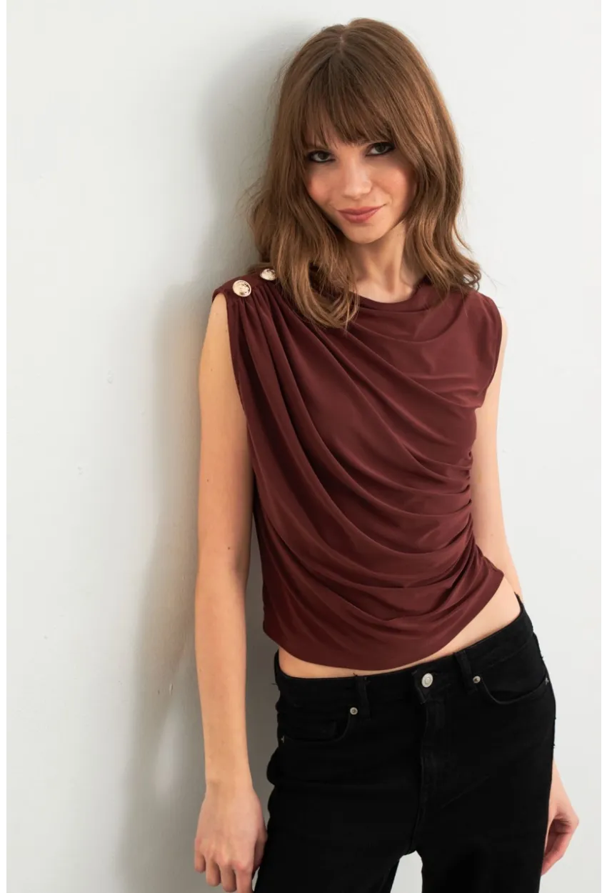 Kadın Kahve Düğme Detaylı Büzgülü Bluz LPP1205-1