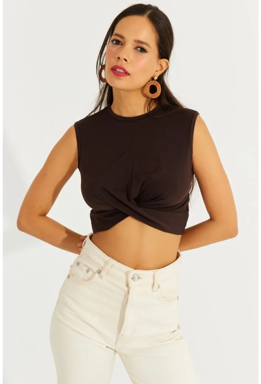 Kadın Kahve Önü Düğümlü Crop Bluz SDY2018