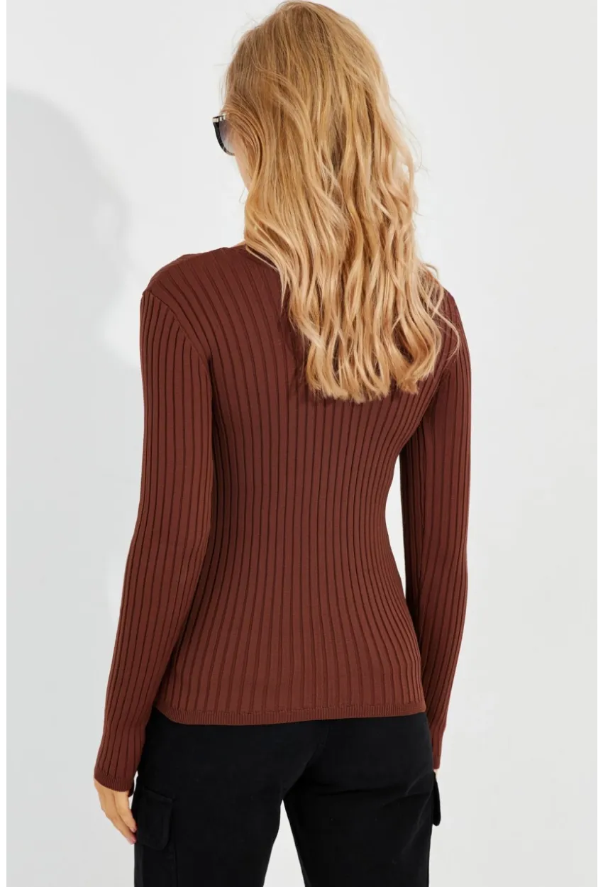 Kadın Kahve V Yaka Fitilli Triko Bluz SMT216