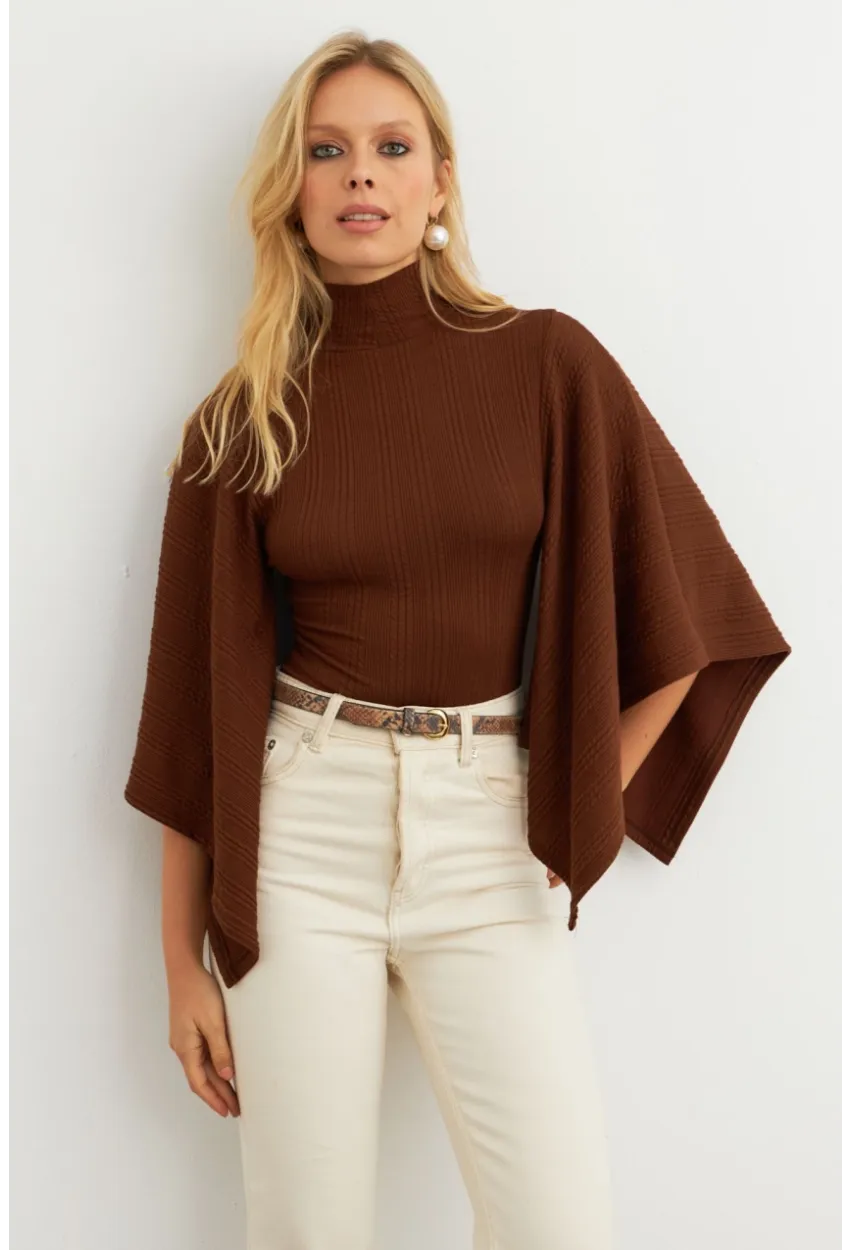 Kadın Kahve Yarasa Kol Balıkçı Bluz MTF32