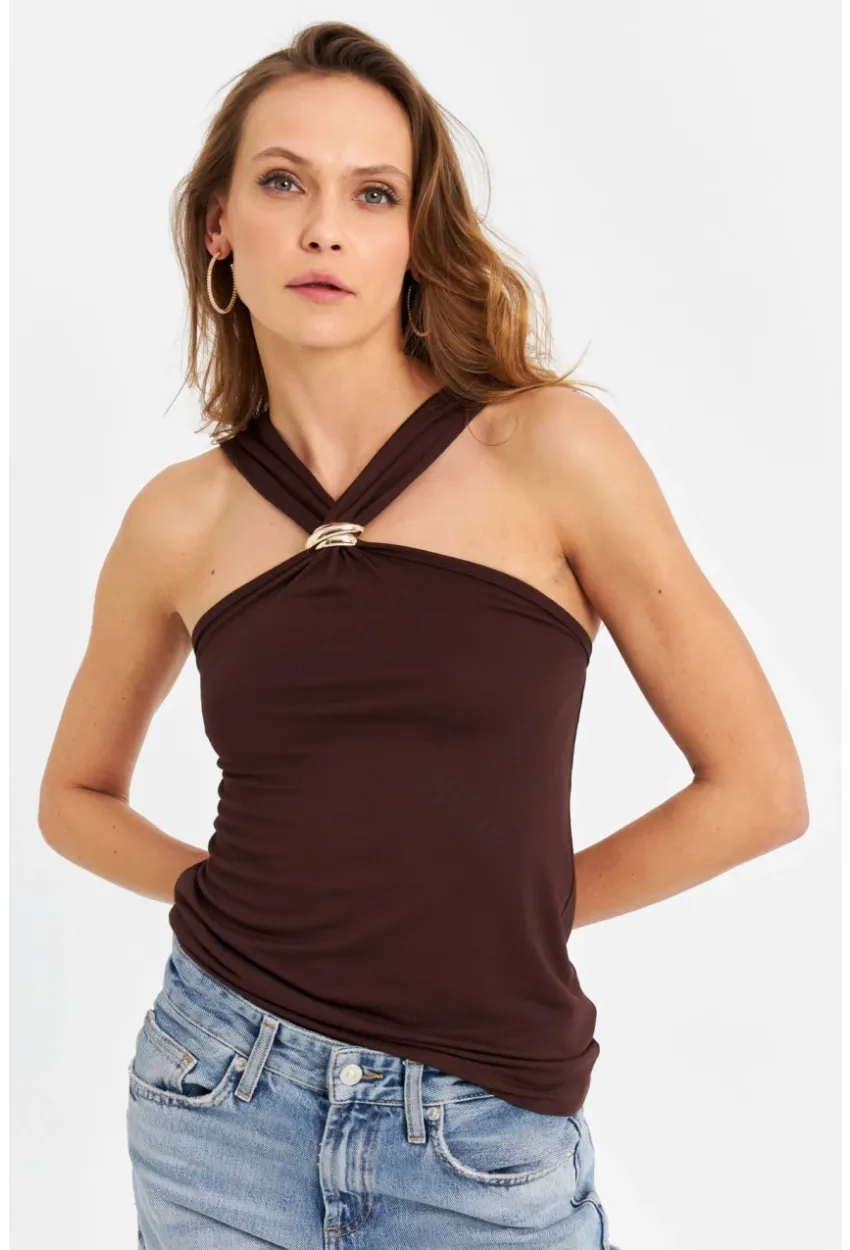 Kadın Kahverengi Aksesuarlı Bluz EY3068