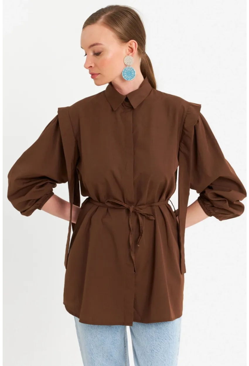 Kadın Kahverengi Bağlama Detaylı Basic Gömlek MASF185