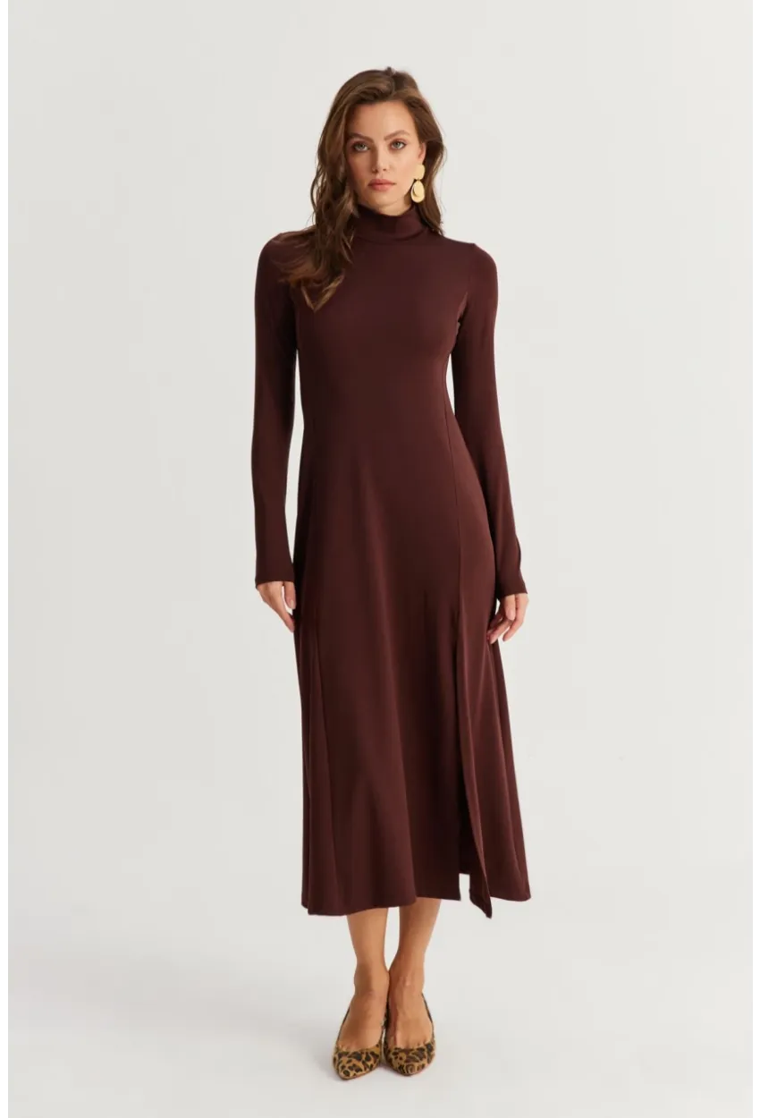 Kadın Kahverengi Balıkçı Yaka Midi Elbise HOR15