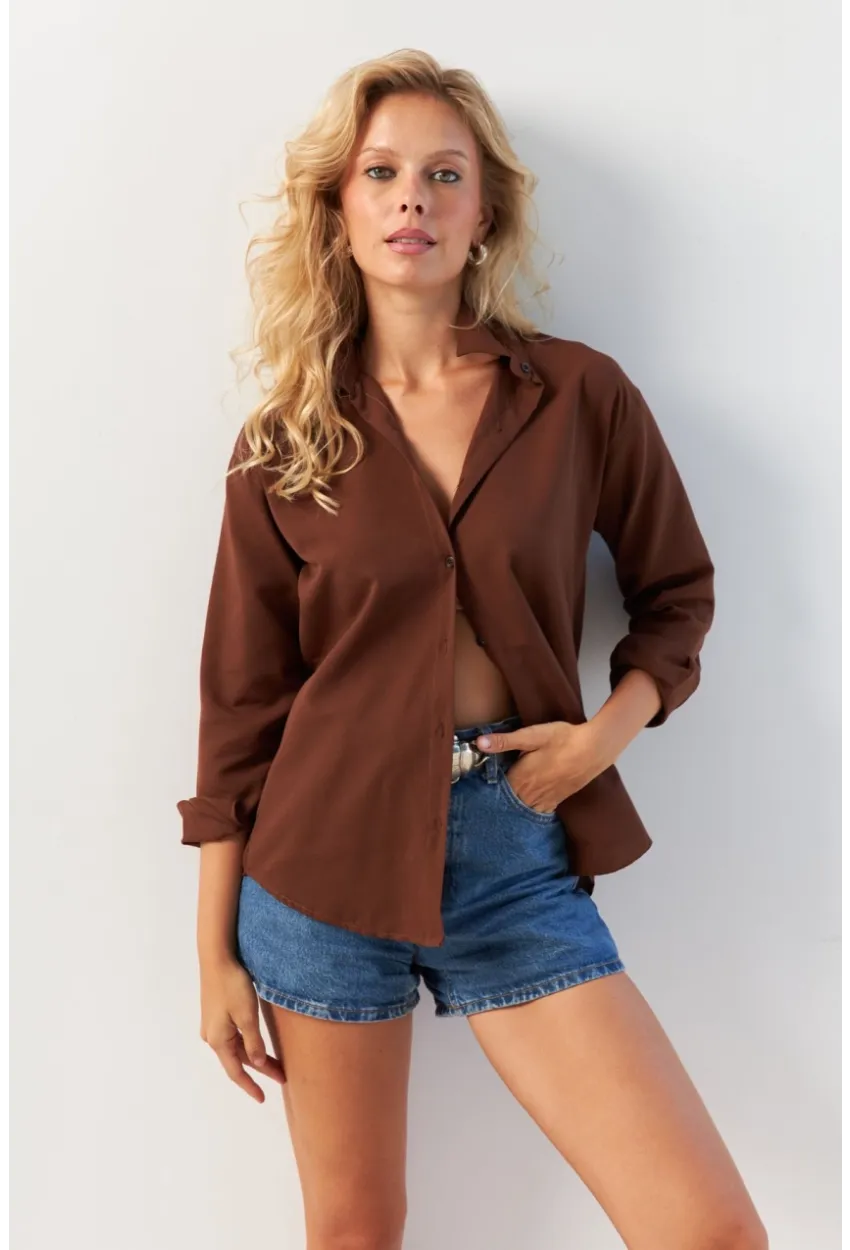 Kadın Kahverengi Basic Gömlek HNT02