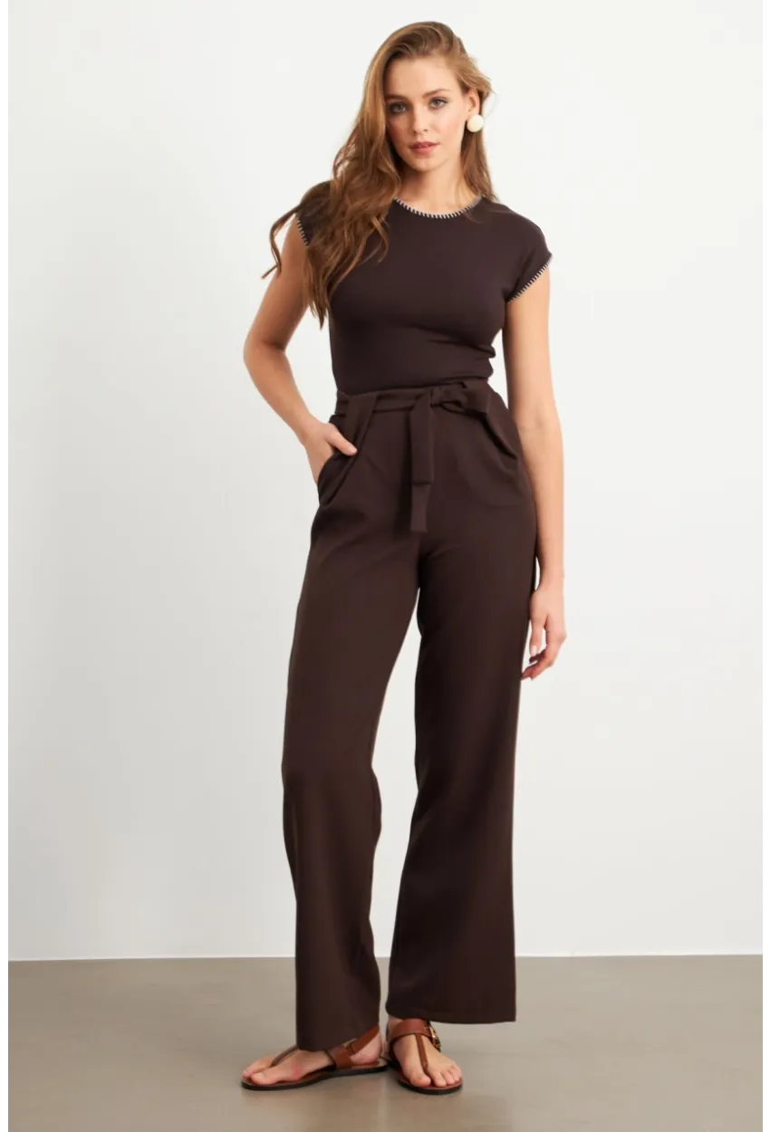 Kadın Kahverengi Beli Lastikli Kuşaklı Pantolon FLU7251