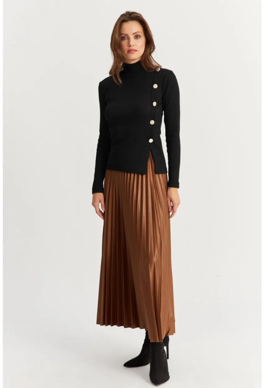Kadın Kahverengi Beli Lastikli Pilise Etek GÇ190