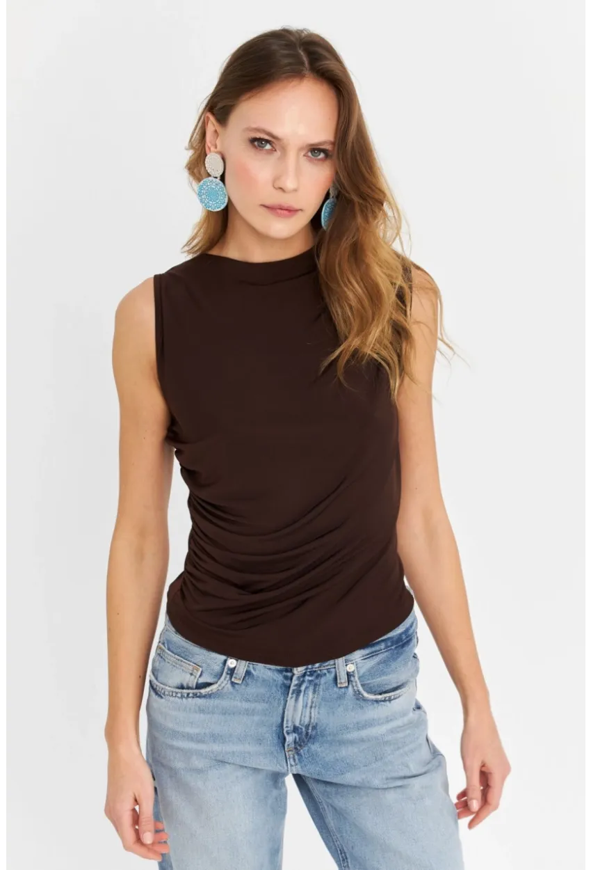 Kadın Kahverengi Büzgülü Bluz YZ625