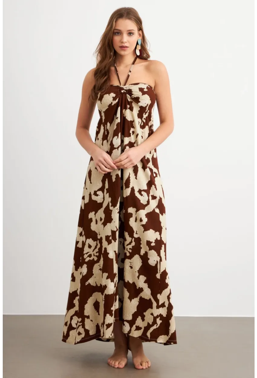 Kadın Kahverengi Büzgülü Desenli Midi Elbise KAB304
