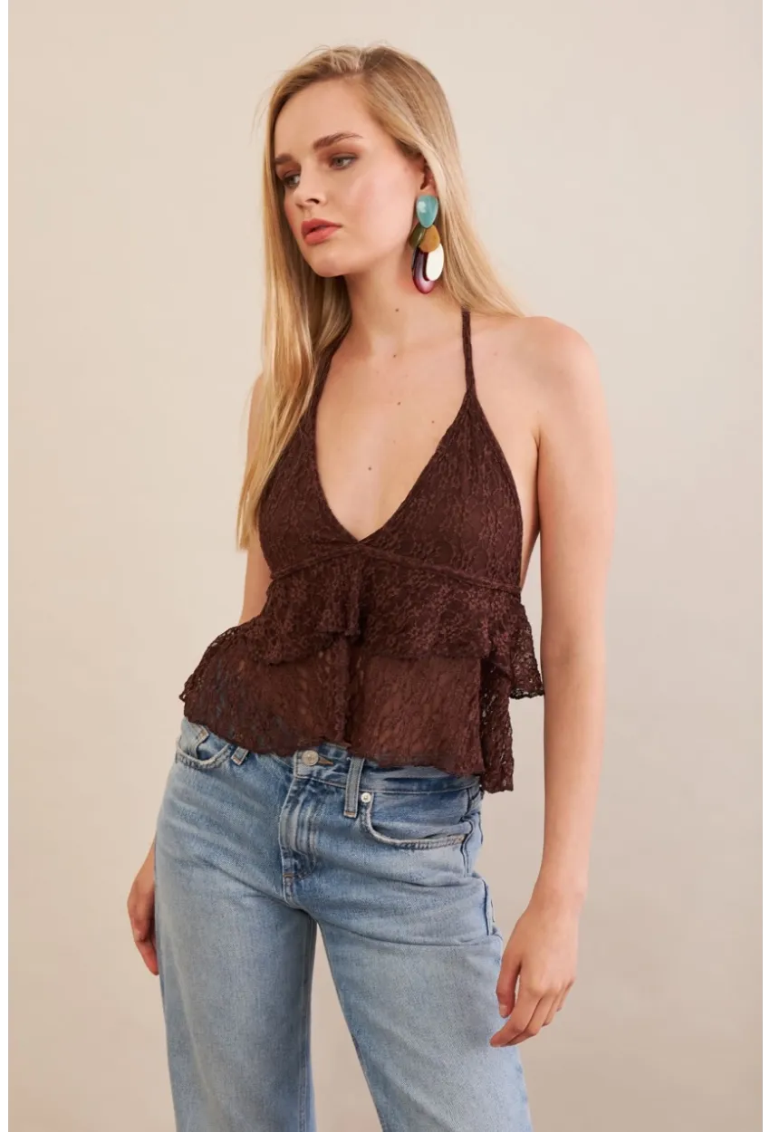Kadın Kahverengi Dantel Bluz ZH324
